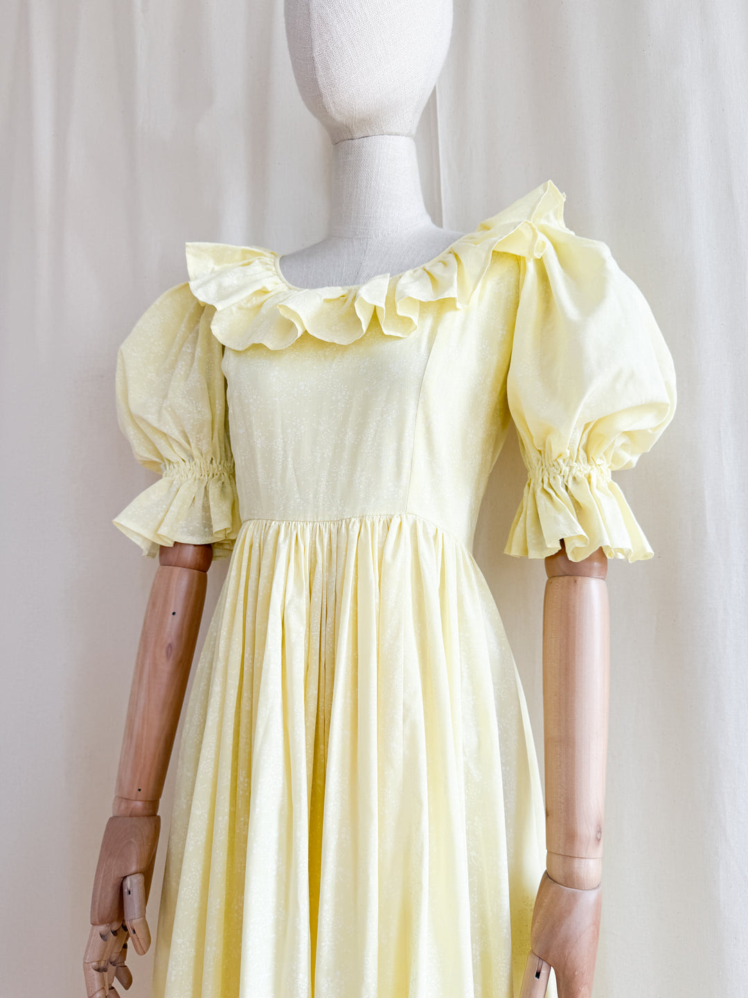 Stunning Late 70s Lemon Puff Sleeve Cotton Maxi Dress