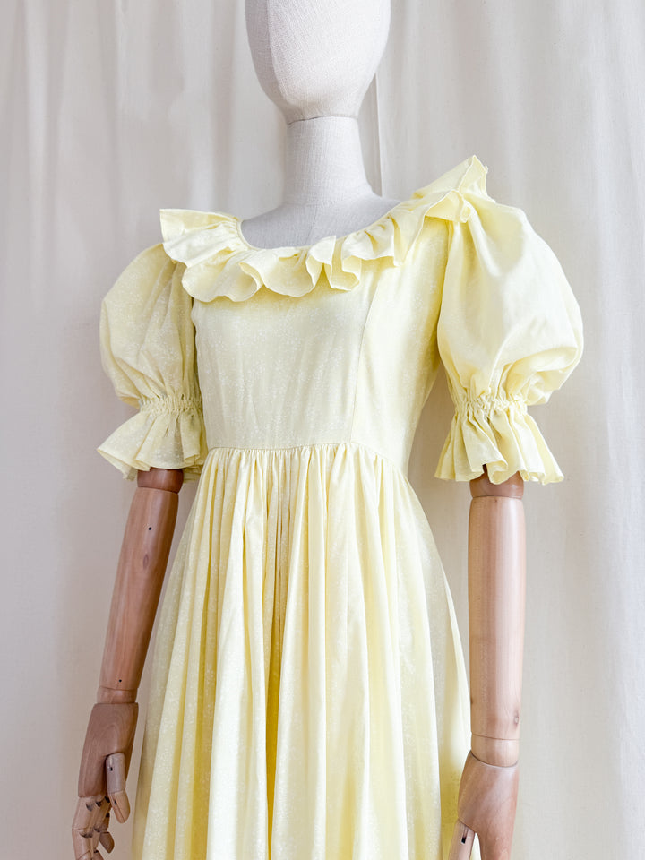 Stunning Late 70s Lemon Puff Sleeve Cotton Maxi Dress