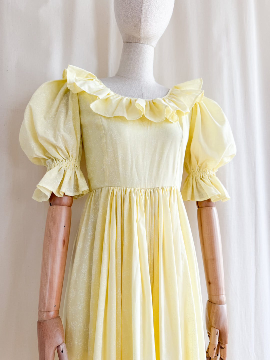 Stunning Late 70s Lemon Puff Sleeve Cotton Maxi Dress