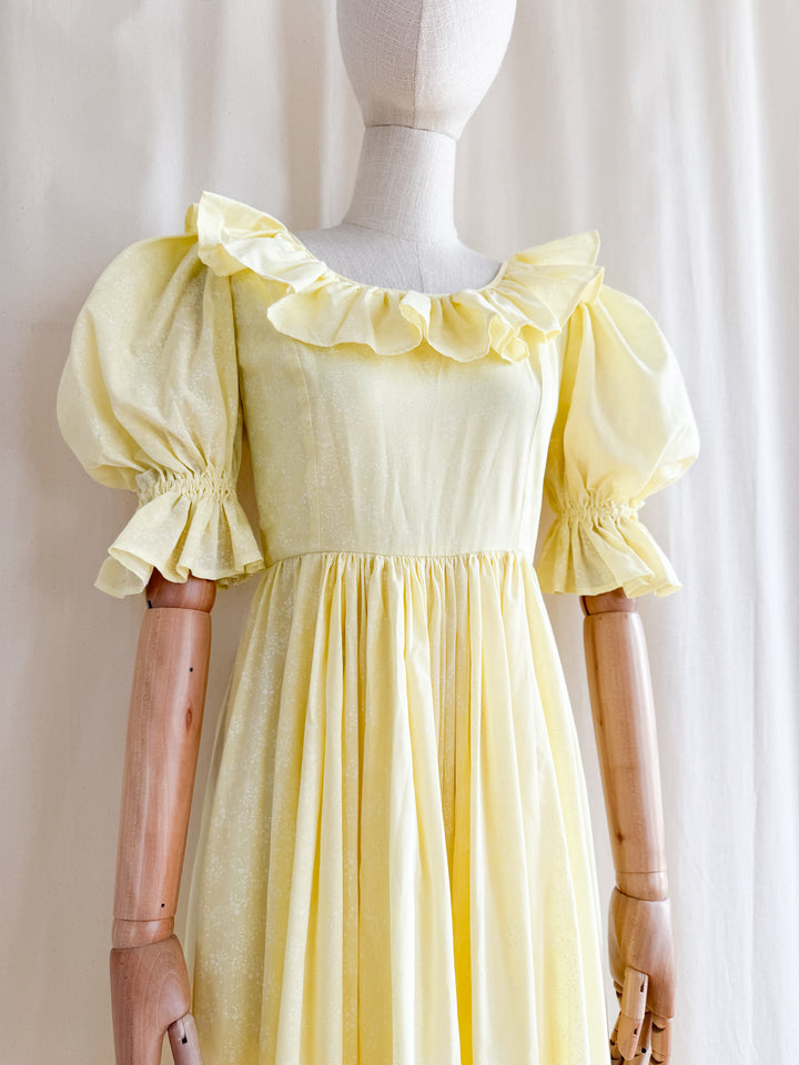 Stunning Late 70s Lemon Puff Sleeve Cotton Maxi Dress