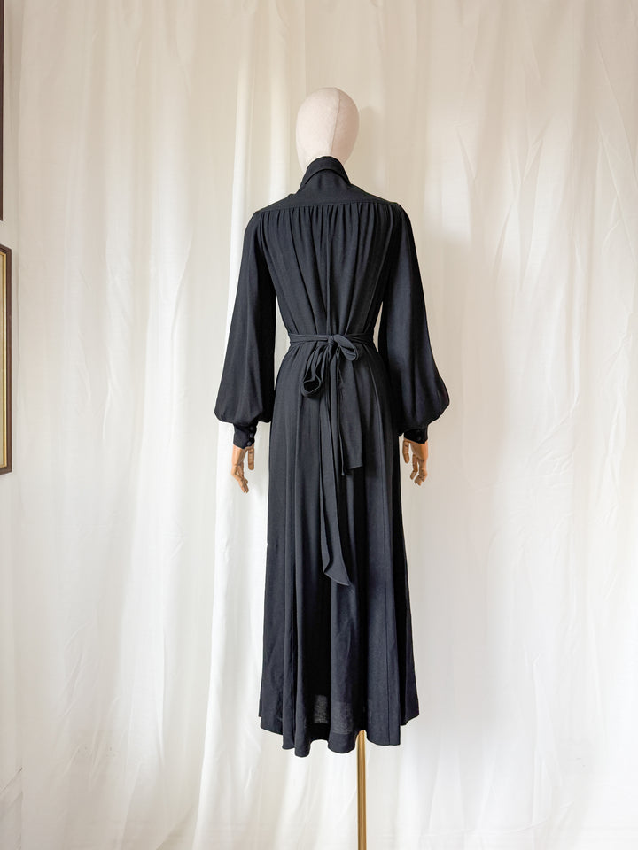 HOLY GRAIL OSSIE CLARK (UNLABELLED) MOSS CREPE BLACK MAXI DRESS