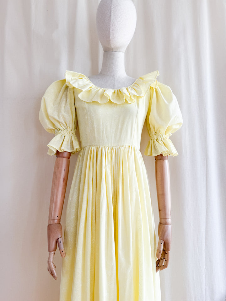 Stunning Late 70s Lemon Puff Sleeve Cotton Maxi Dress