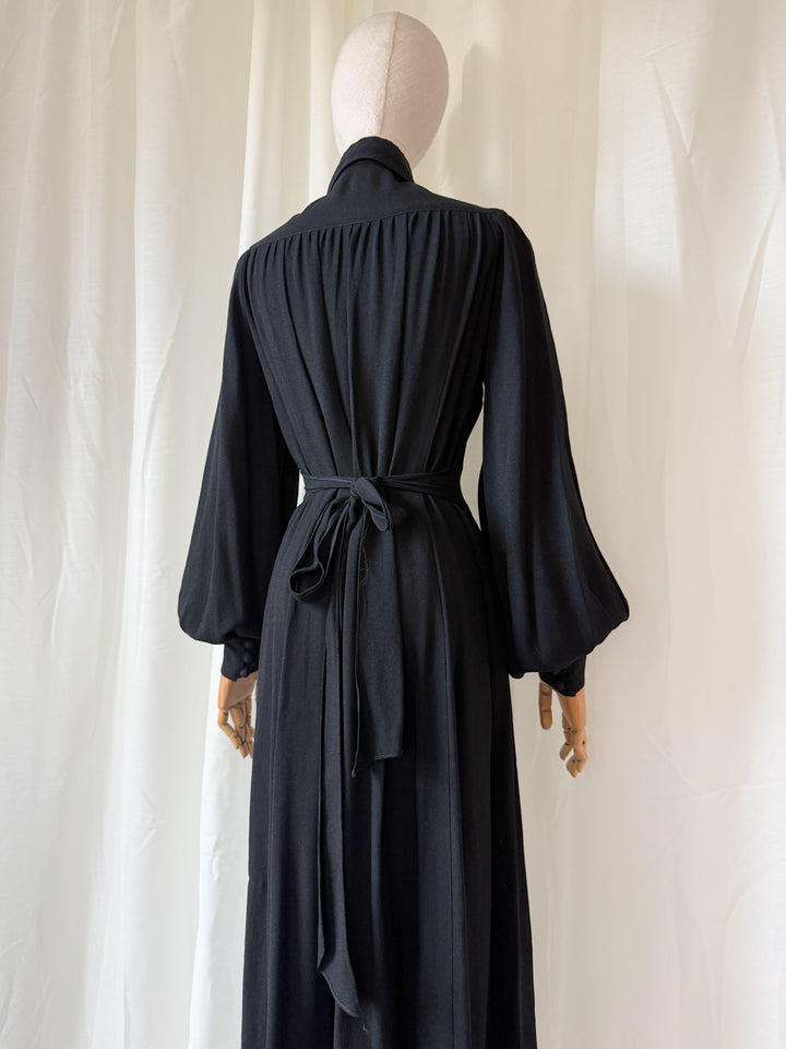 HOLY GRAIL OSSIE CLARK (UNLABELLED) MOSS CREPE BLACK MAXI DRESS