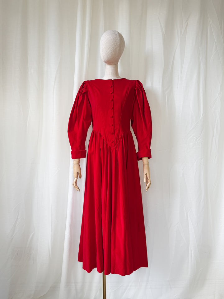 PRECIOUS 1980S DROOPY AND BROWNS BLOOD RED COTTON VELVET CORSETED DRESS