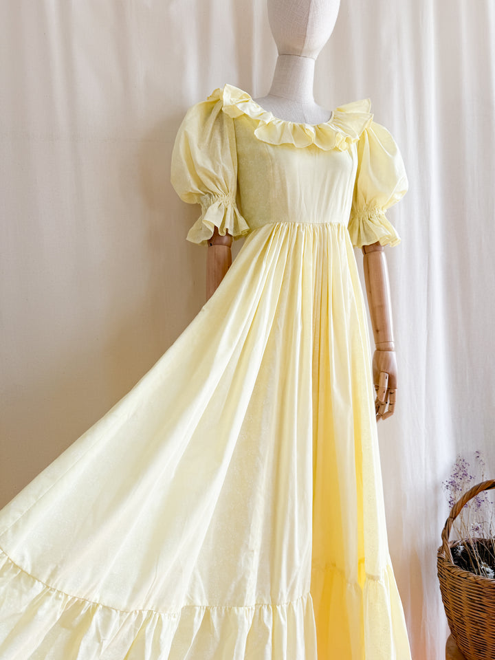 Stunning Late 70s Lemon Puff Sleeve Cotton Maxi Dress