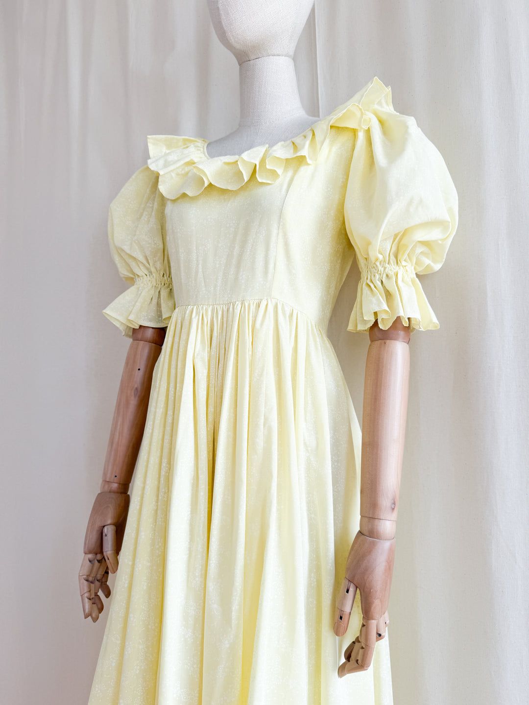Stunning Late 70s Lemon Puff Sleeve Cotton Maxi Dress