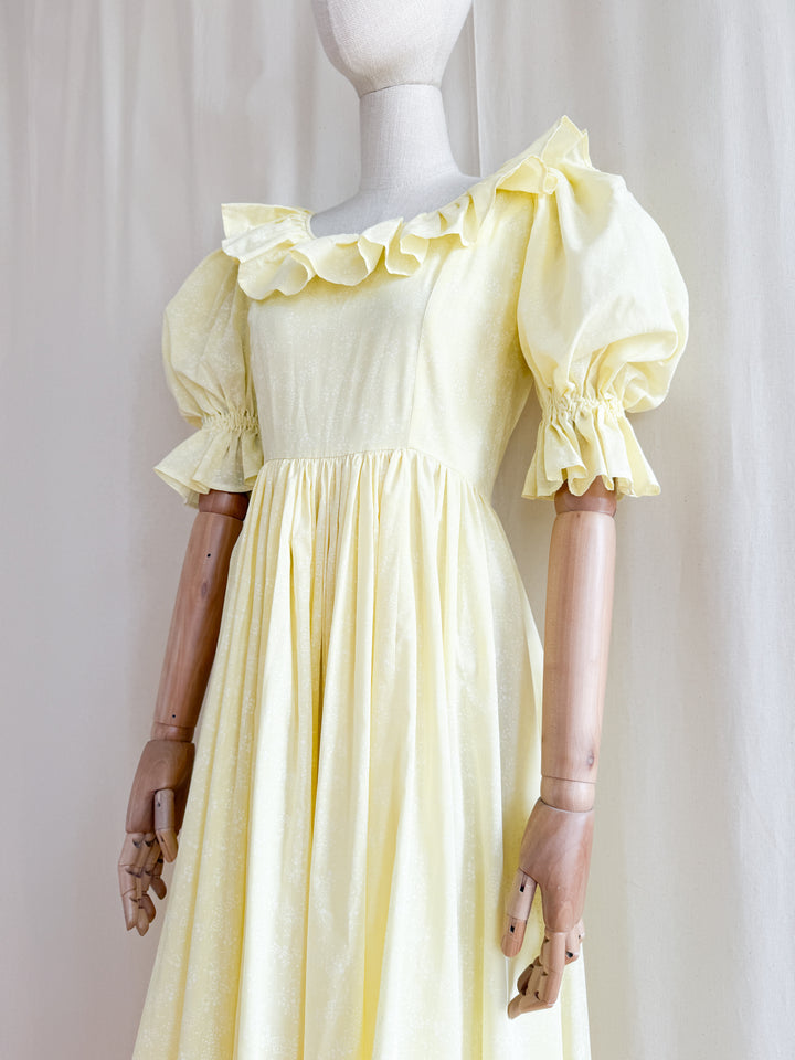 Stunning Late 70s Lemon Puff Sleeve Cotton Maxi Dress