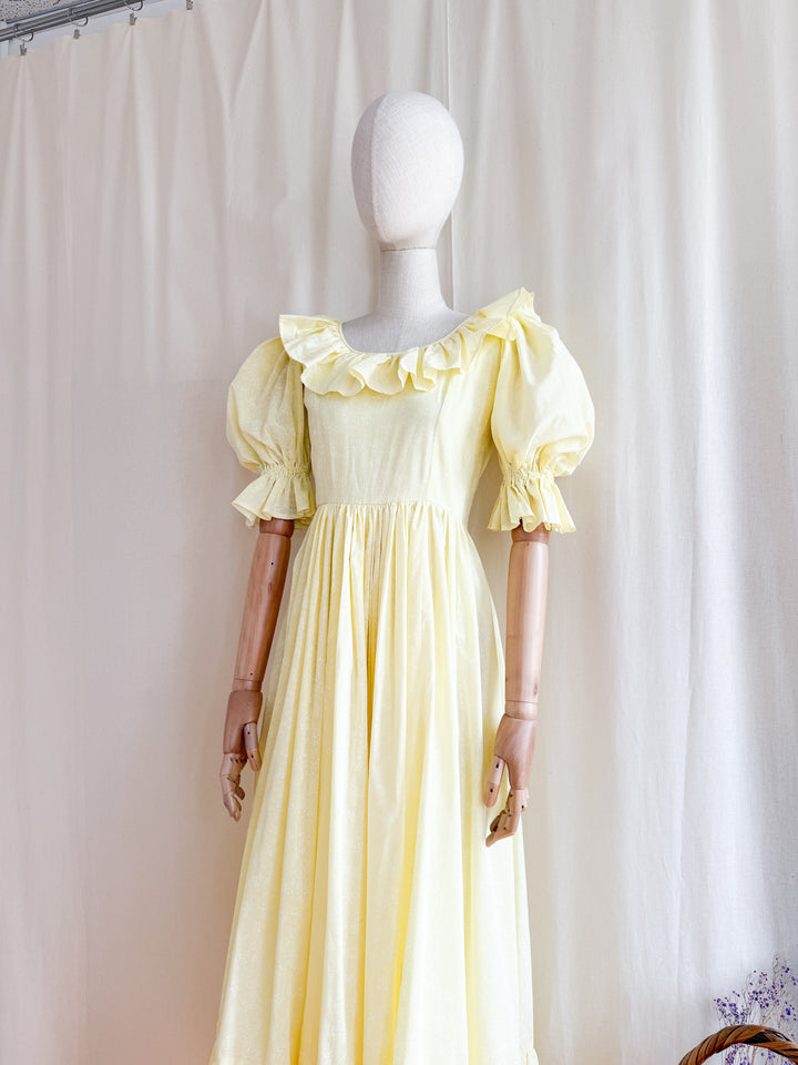 Stunning Late 70s Lemon Puff Sleeve Cotton Maxi Dress