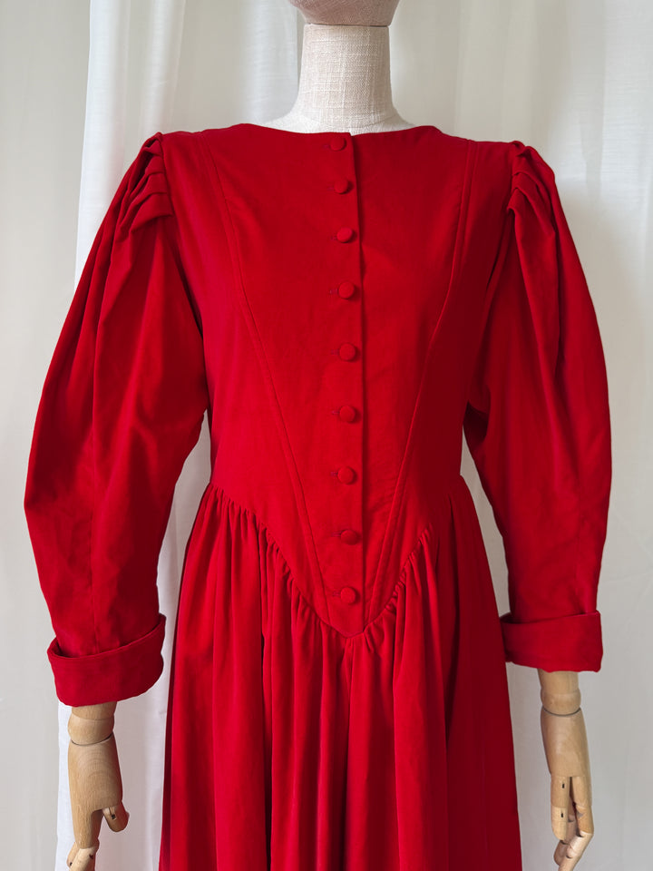 PRECIOUS 1980S DROOPY AND BROWNS BLOOD RED COTTON VELVET CORSETED DRESS