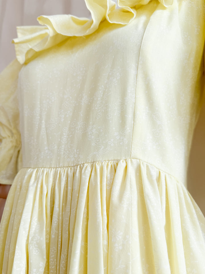 Stunning Late 70s Lemon Puff Sleeve Cotton Maxi Dress
