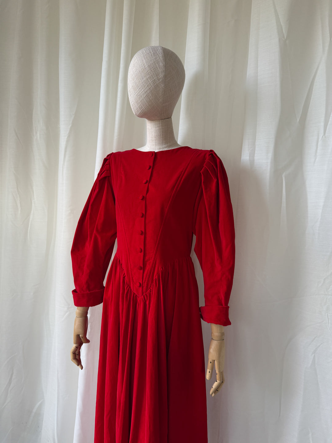 PRECIOUS 1980S DROOPY AND BROWNS BLOOD RED COTTON VELVET CORSETED DRESS