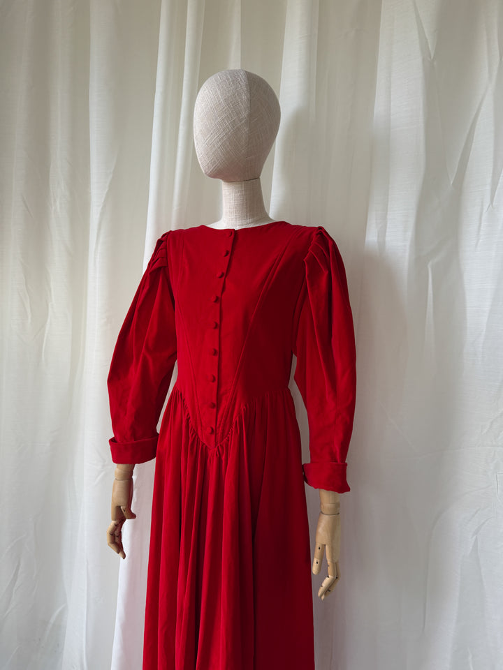 PRECIOUS 1980S DROOPY AND BROWNS BLOOD RED COTTON VELVET CORSETED DRESS