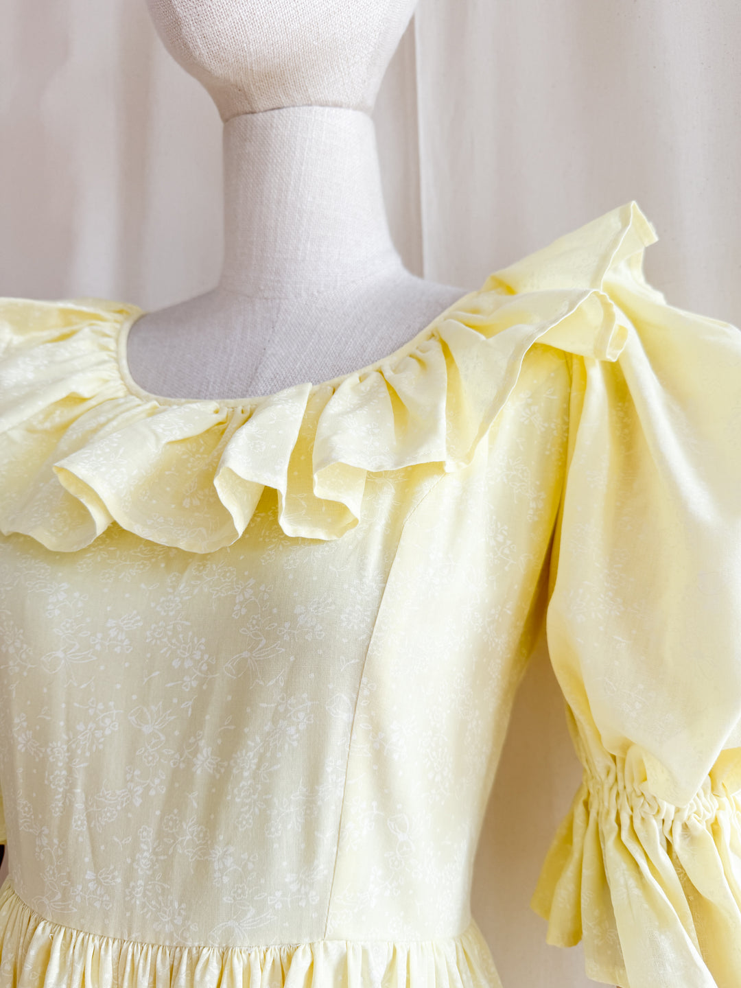 Stunning Late 70s Lemon Puff Sleeve Cotton Maxi Dress