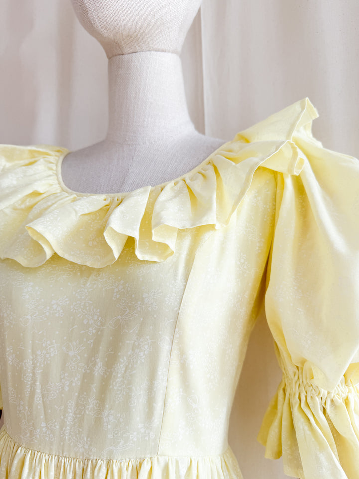 Stunning Late 70s Lemon Puff Sleeve Cotton Maxi Dress