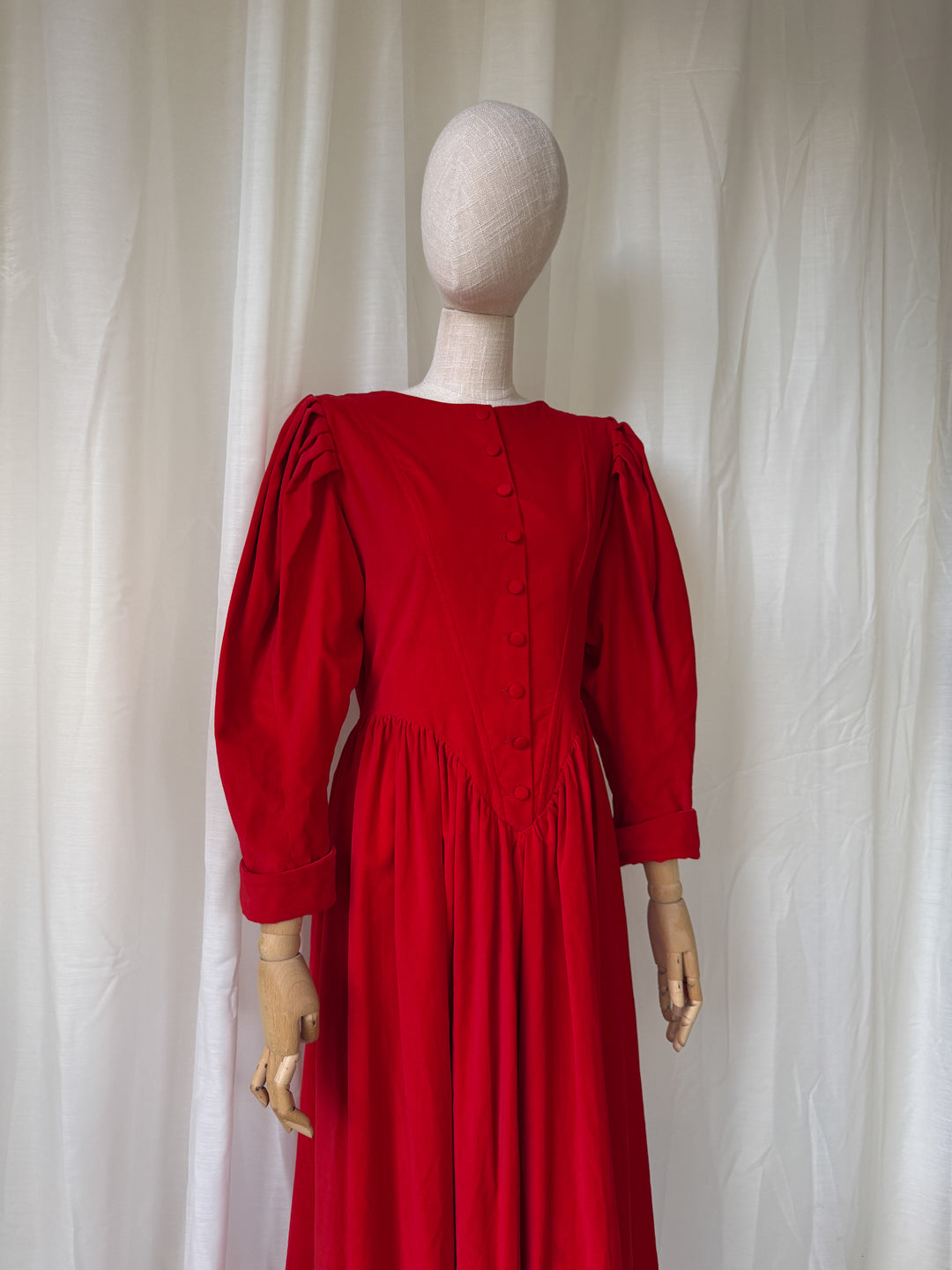 PRECIOUS 1980S DROOPY AND BROWNS BLOOD RED COTTON VELVET CORSETED DRESS