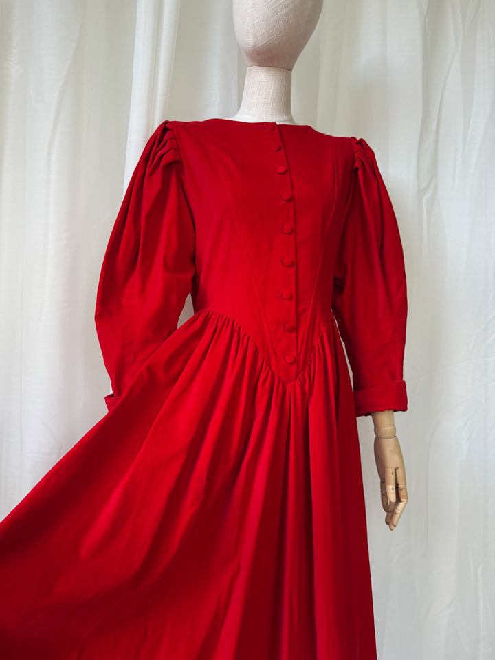 PRECIOUS 1980S DROOPY AND BROWNS BLOOD RED COTTON VELVET CORSETED DRESS