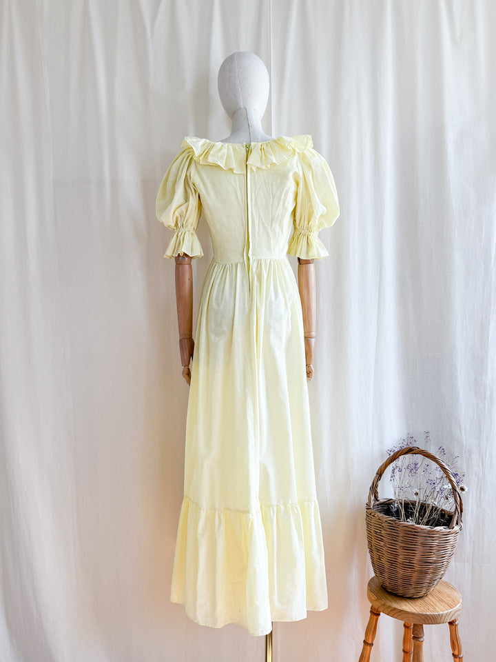 Stunning Late 70s Lemon Puff Sleeve Cotton Maxi Dress