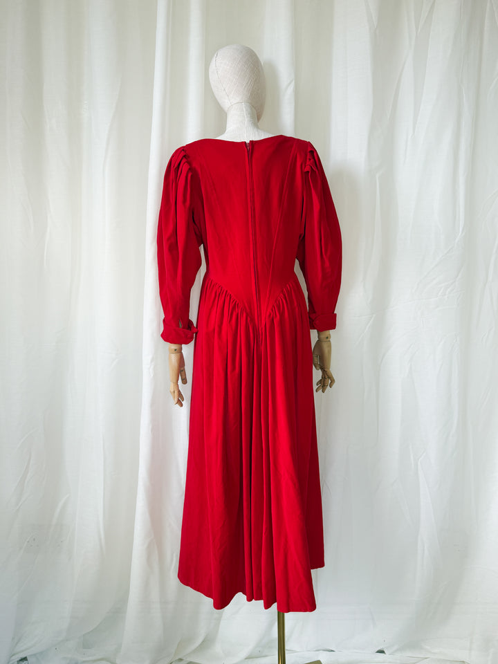 PRECIOUS 1980S DROOPY AND BROWNS BLOOD RED COTTON VELVET CORSETED DRESS