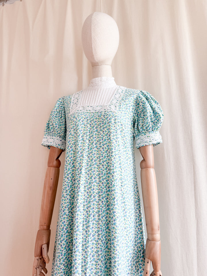 Insane 70s Floral Cotton Crochet Trim Smock Maxi Dress