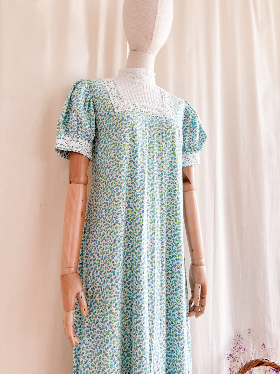 Insane 70s Floral Cotton Crochet Trim Smock Maxi Dress
