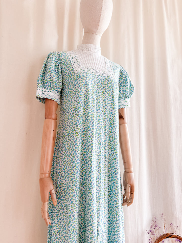 Insane 70s Floral Cotton Crochet Trim Smock Maxi Dress