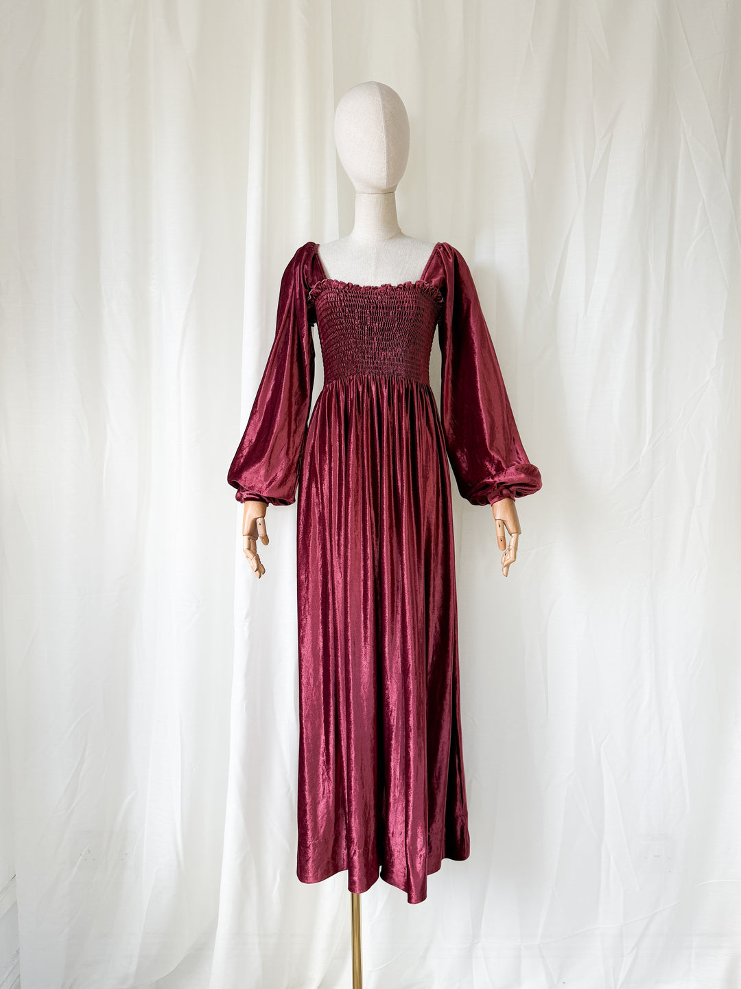 HEAVENLY JOHN CHARLES 1970S BURGUNDY SHIRRED VELVET MAXI DRESS