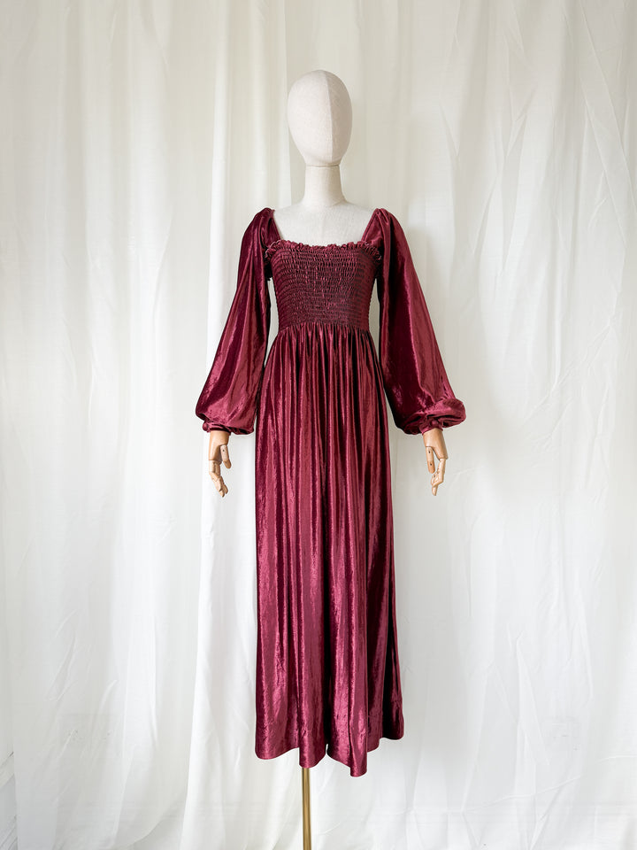 HEAVENLY JOHN CHARLES 1970S BURGUNDY SHIRRED VELVET MAXI DRESS