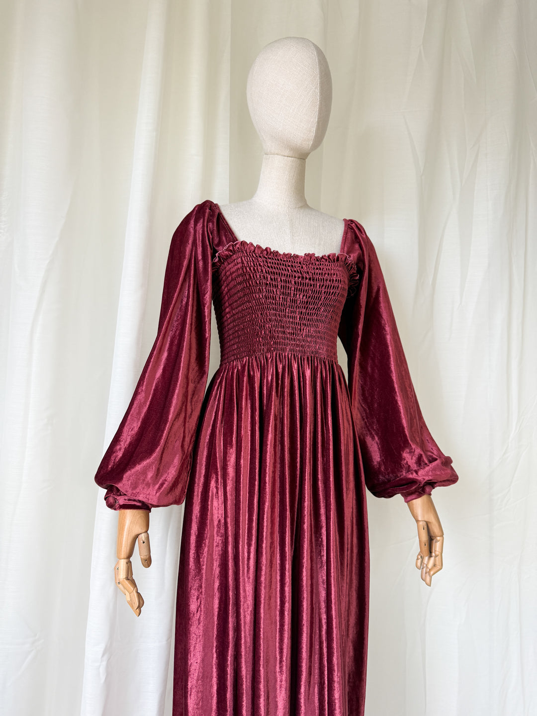HEAVENLY JOHN CHARLES 1970S BURGUNDY SHIRRED VELVET MAXI DRESS