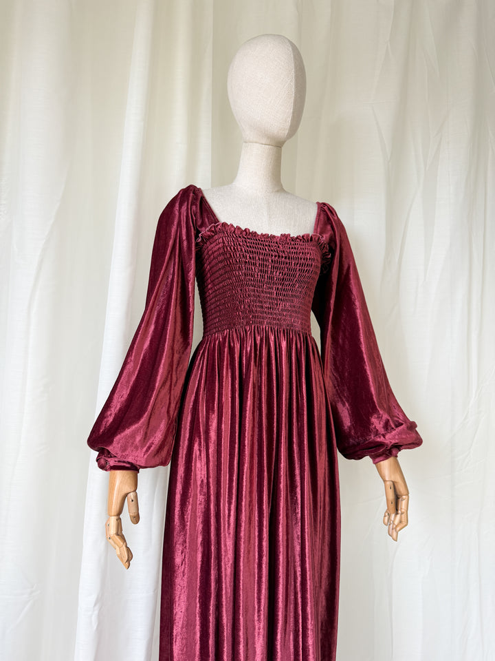 HEAVENLY JOHN CHARLES 1970S BURGUNDY SHIRRED VELVET MAXI DRESS