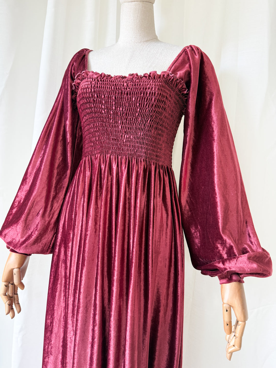 HEAVENLY JOHN CHARLES 1970S BURGUNDY SHIRRED VELVET MAXI DRESS