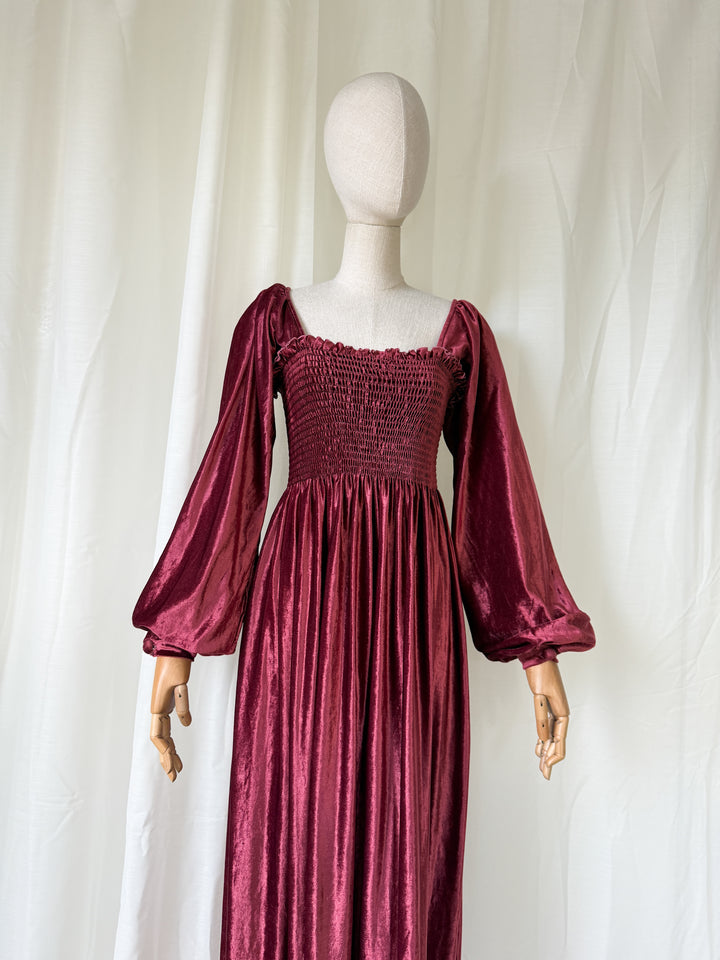 HEAVENLY JOHN CHARLES 1970S BURGUNDY SHIRRED VELVET MAXI DRESS