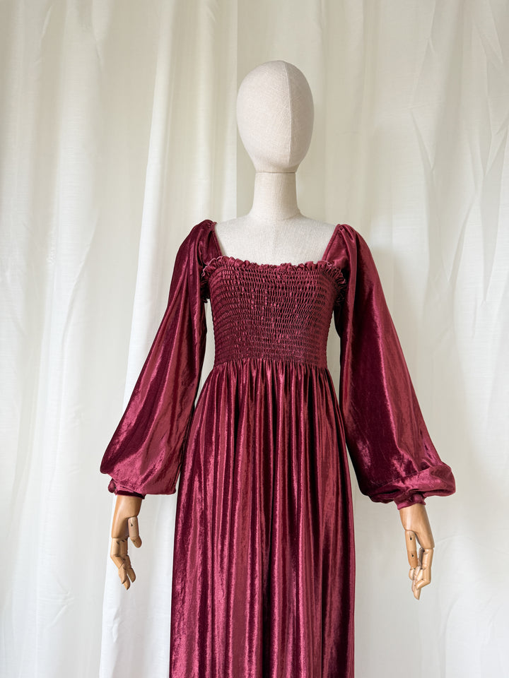 HEAVENLY JOHN CHARLES 1970S BURGUNDY SHIRRED VELVET MAXI DRESS