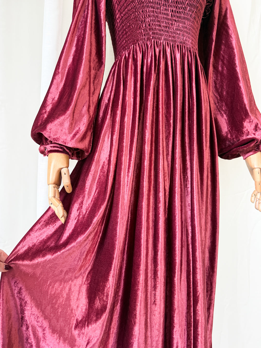 HEAVENLY JOHN CHARLES 1970S BURGUNDY SHIRRED VELVET MAXI DRESS