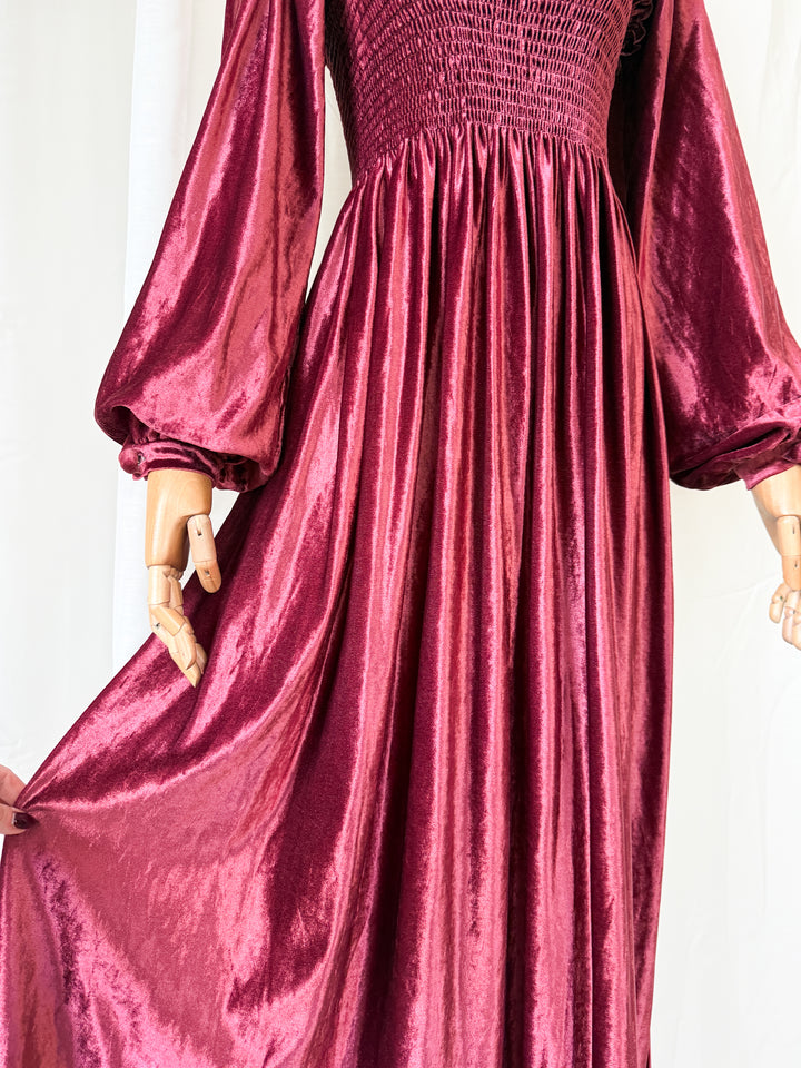HEAVENLY JOHN CHARLES 1970S BURGUNDY SHIRRED VELVET MAXI DRESS