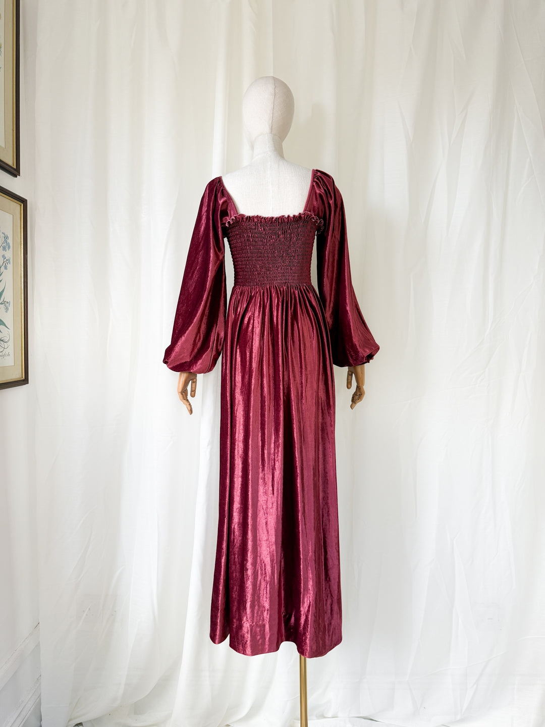 HEAVENLY JOHN CHARLES 1970S BURGUNDY SHIRRED VELVET MAXI DRESS