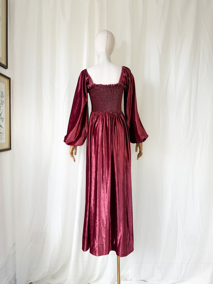 HEAVENLY JOHN CHARLES 1970S BURGUNDY SHIRRED VELVET MAXI DRESS