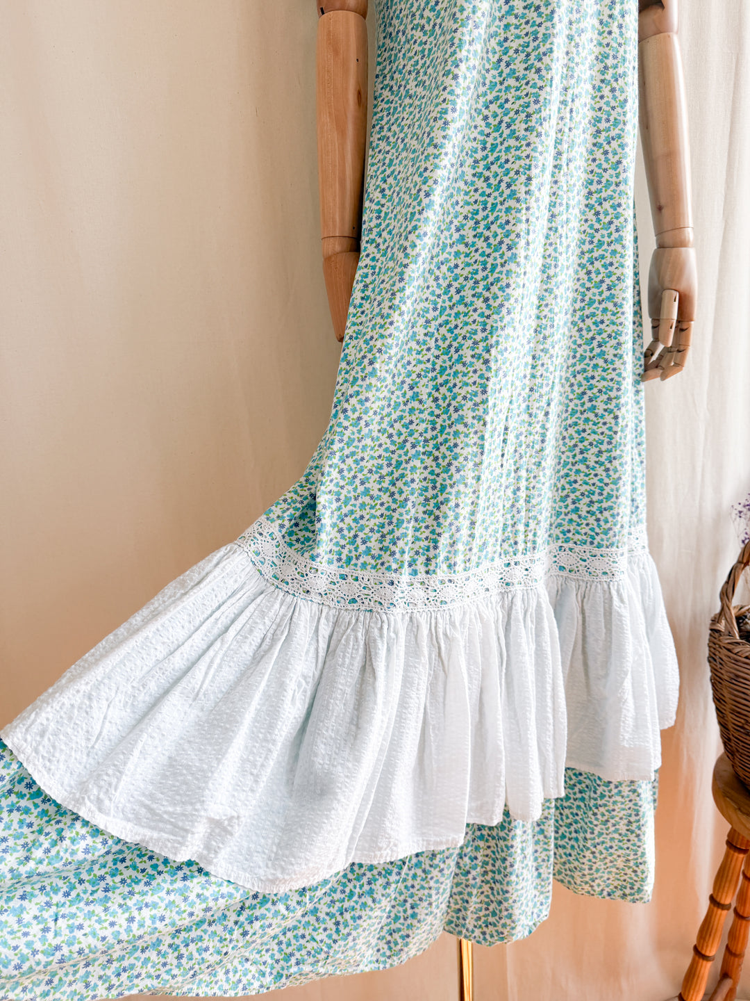Insane 70s Floral Cotton Crochet Trim Smock Maxi Dress