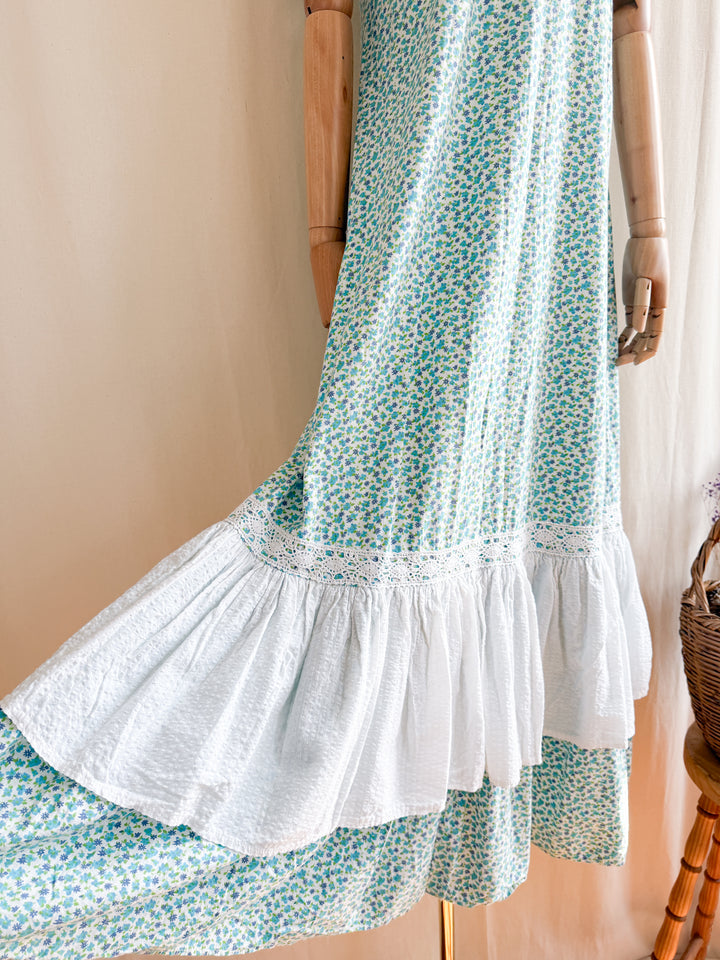 Insane 70s Floral Cotton Crochet Trim Smock Maxi Dress