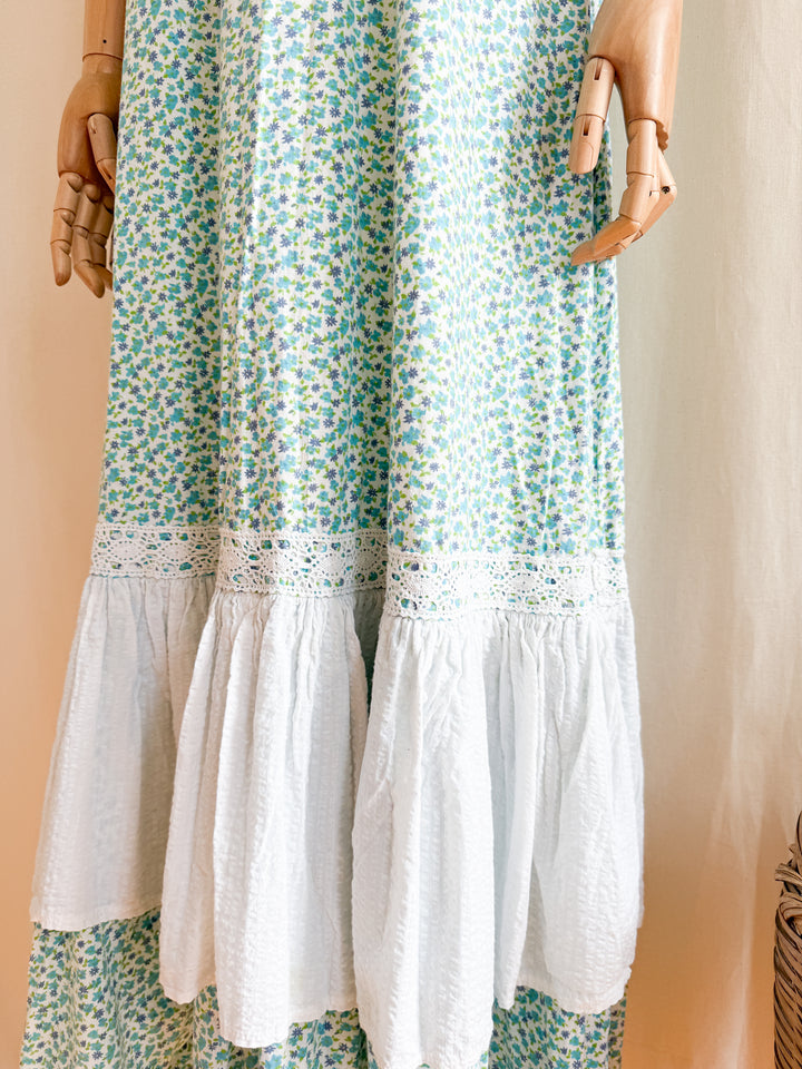 Insane 70s Floral Cotton Crochet Trim Smock Maxi Dress