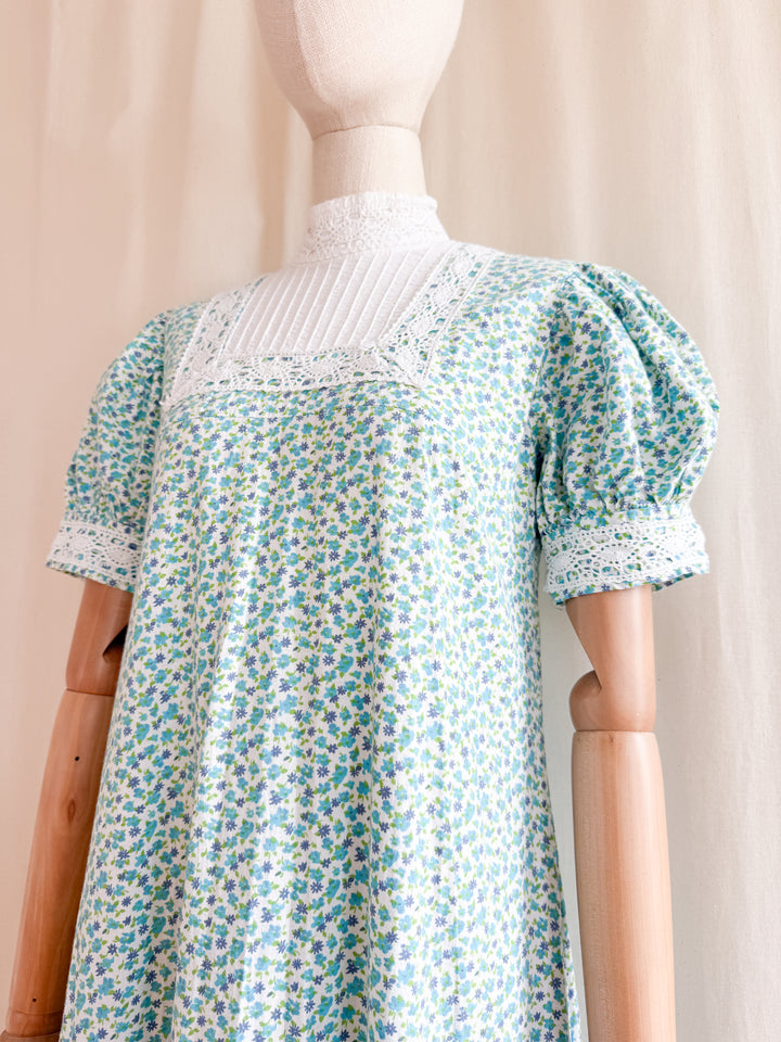 Insane 70s Floral Cotton Crochet Trim Smock Maxi Dress