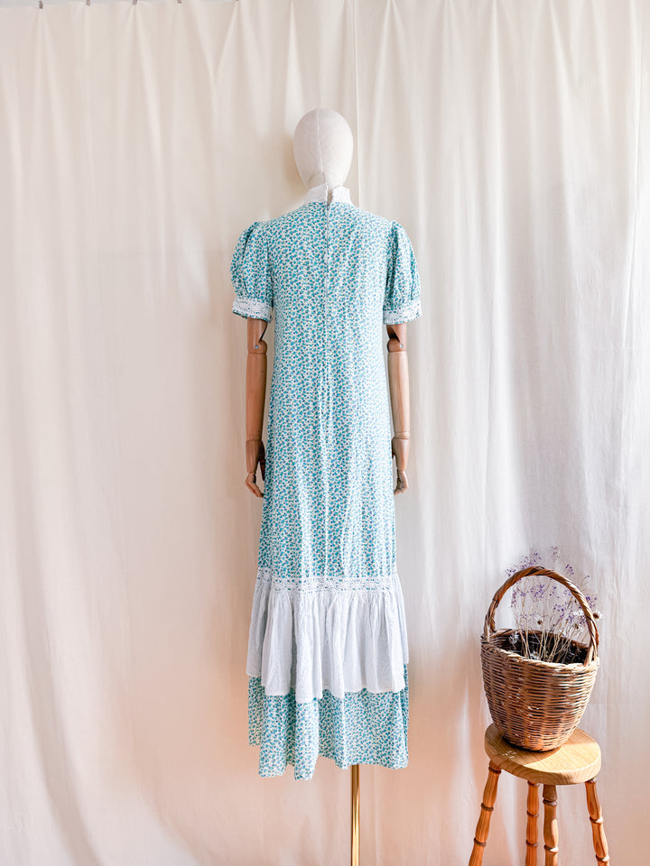 Insane 70s Floral Cotton Crochet Trim Smock Maxi Dress
