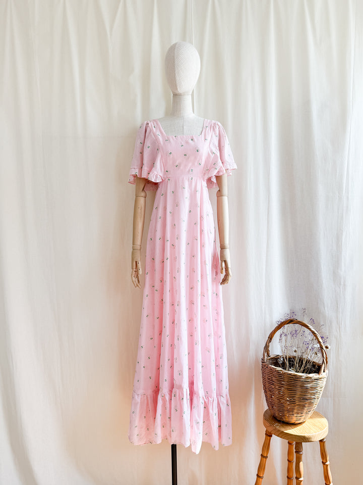 Adorable 70s Angel Sleeve Pink Cotton Maxi Dress