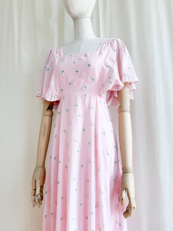 Adorable 70s Angel Sleeve Pink Cotton Maxi Dress