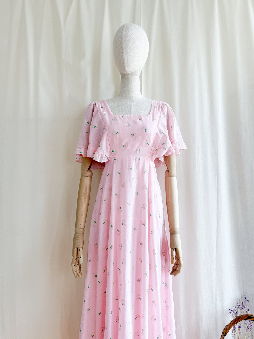Adorable 70s Angel Sleeve Pink Cotton Maxi Dress
