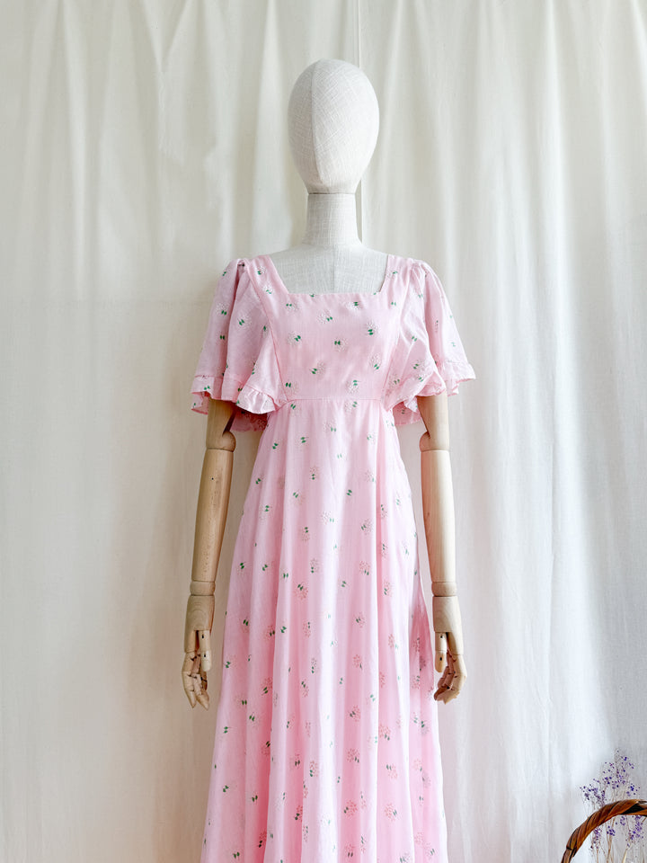 Adorable 70s Angel Sleeve Pink Cotton Maxi Dress