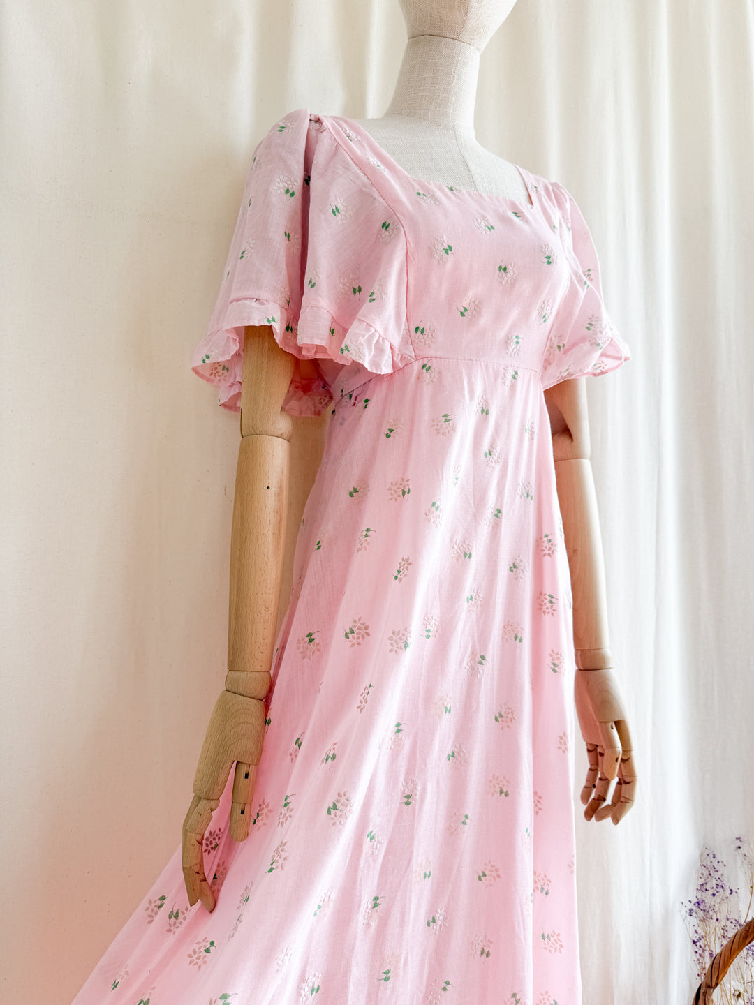 Adorable 70s Angel Sleeve Pink Cotton Maxi Dress