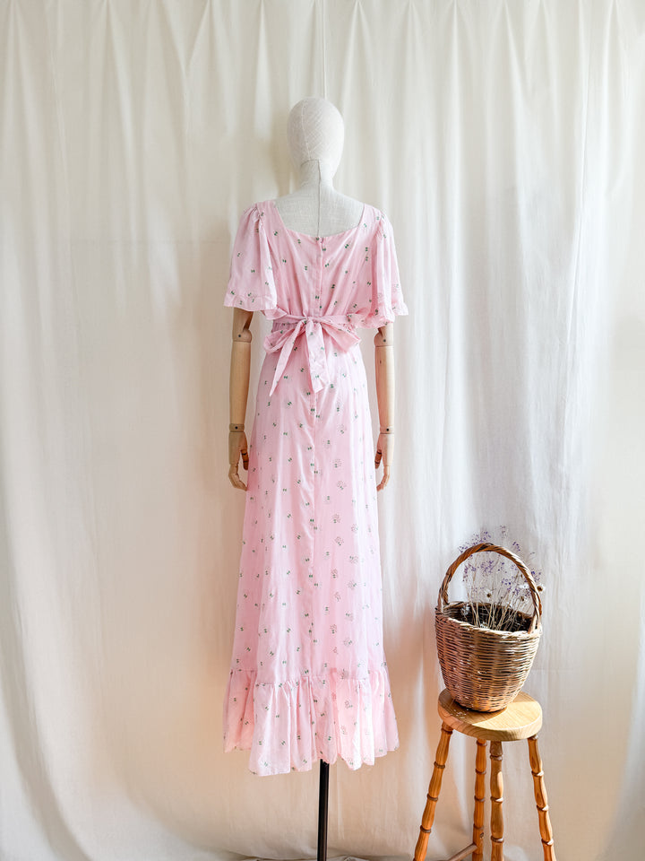 Adorable 70s Angel Sleeve Pink Cotton Maxi Dress