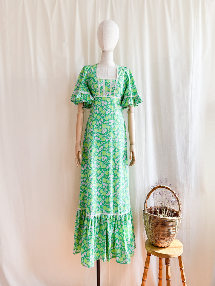 Precious 70s Angel Sleeve Green Floral Cotton Maxi Dress