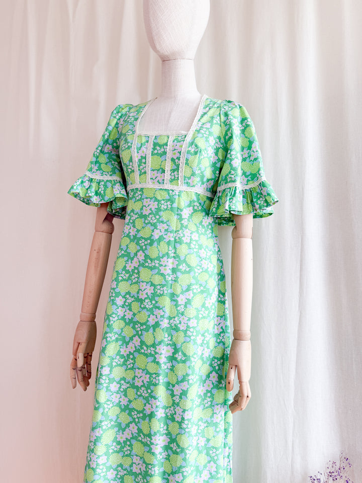 Precious 70s Angel Sleeve Green Floral Cotton Maxi Dress