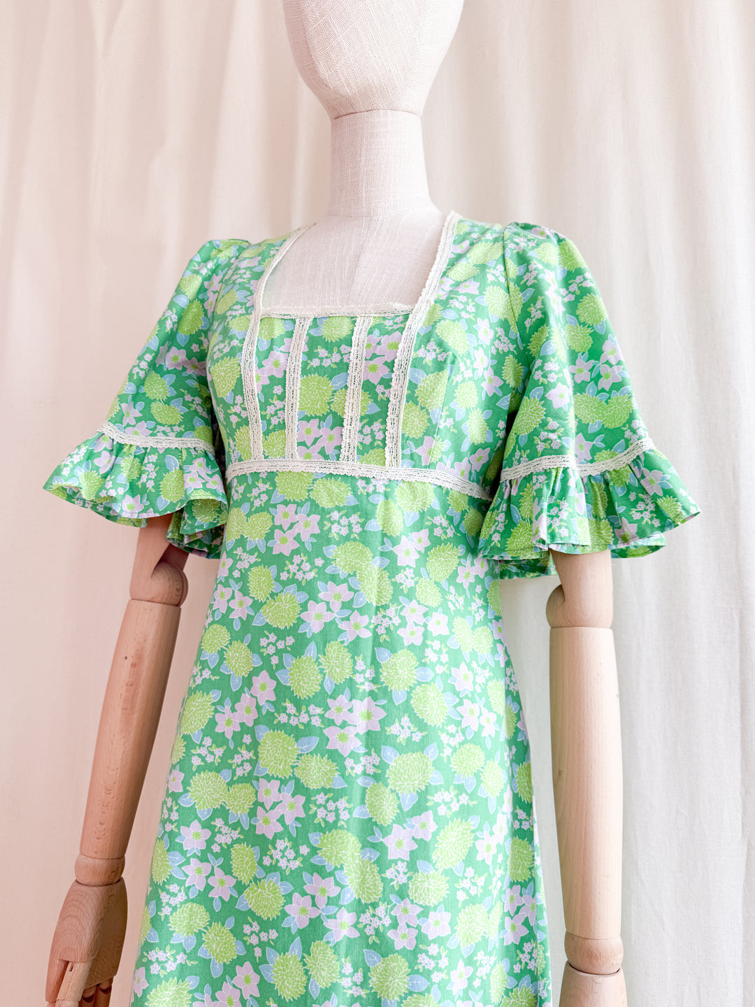 Precious 70s Angel Sleeve Green Floral Cotton Maxi Dress